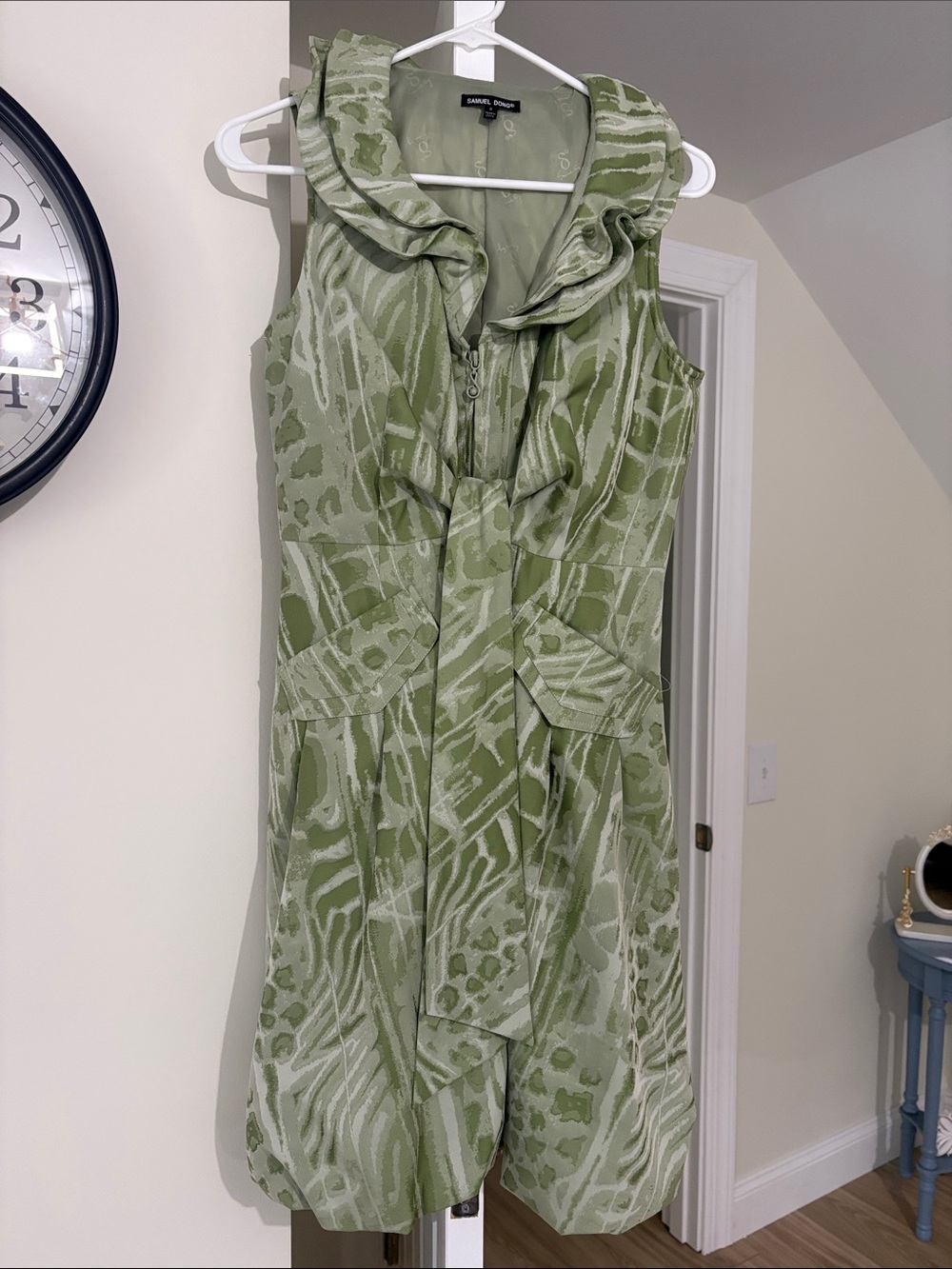 Samuel Dong Light Sage Green Ruffle-Collar Midi Dress